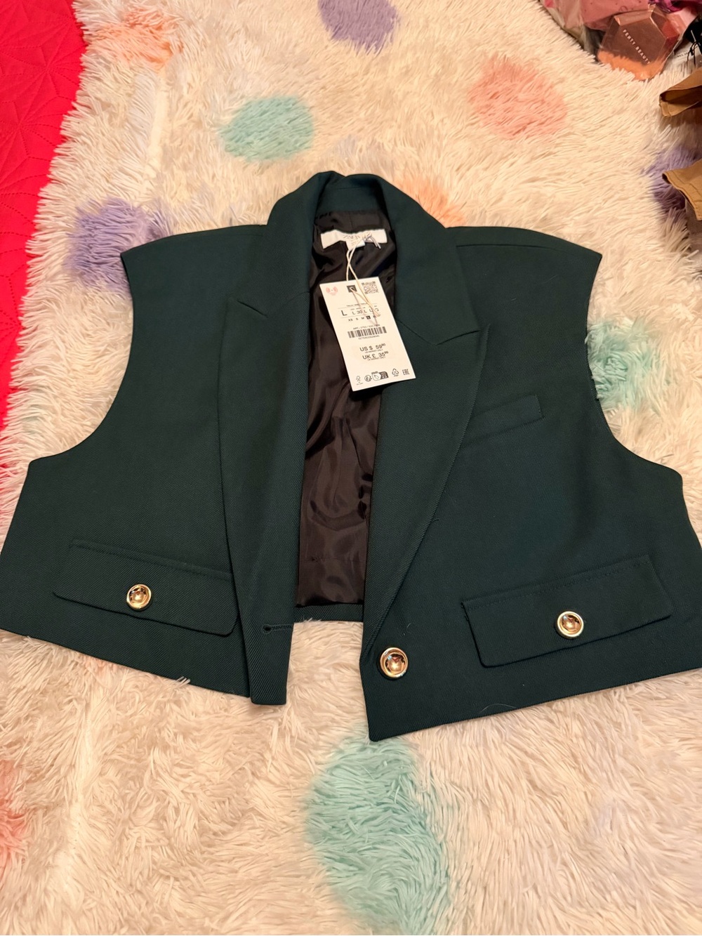 Zara Dark Green Cropped Tailored Vest with Gold Buttons